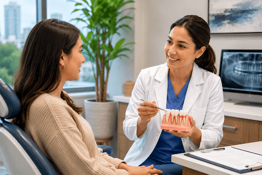 Patient speaking with a gum specialist during a periodontal consultation in Vancouver