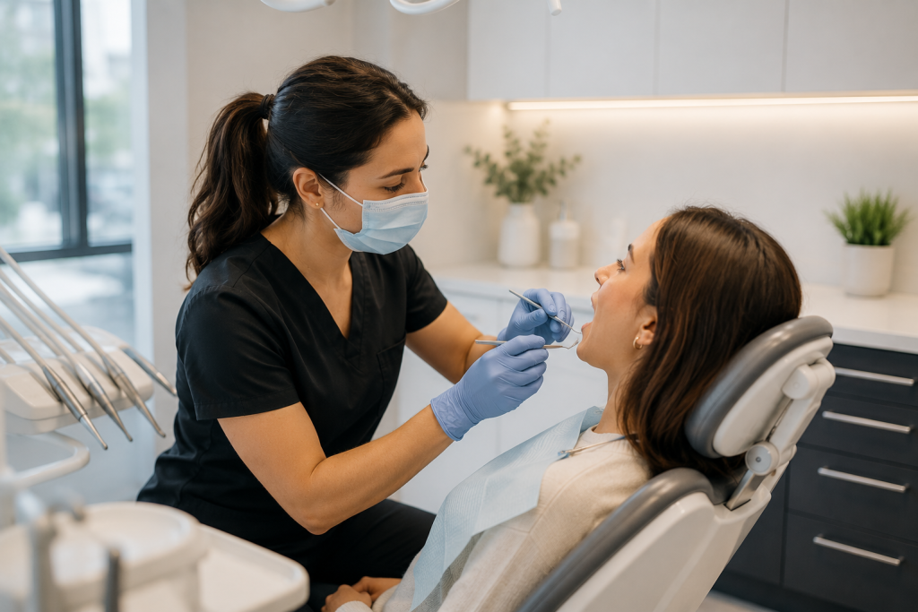 Dental professional examining an adult patient’s gumline during a periodontal assessment.