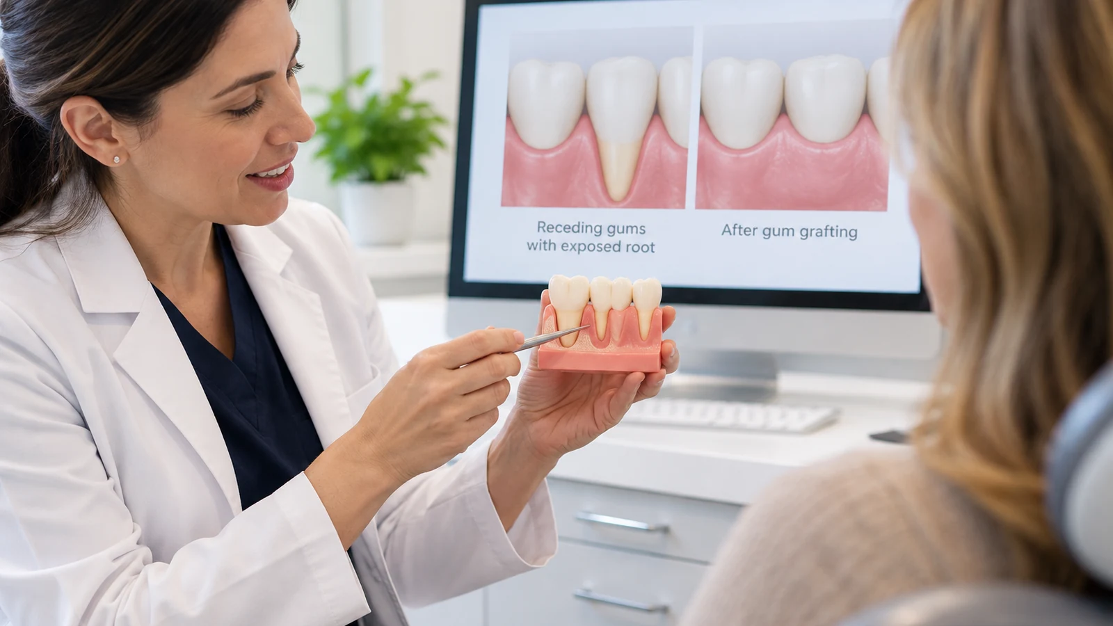 Periodontist explaining gum grafting for exposed tooth roots during a dental consultation.